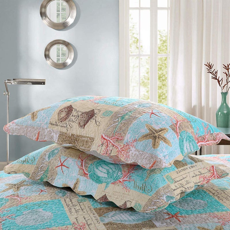 YAYIDAY Quilts Queen Size Bedspread Set - 100% Cotton Reversible Breathable Star Fish Coral Shell Style Quilted Quilt with Pillow Shams for All Seasons - Image 2